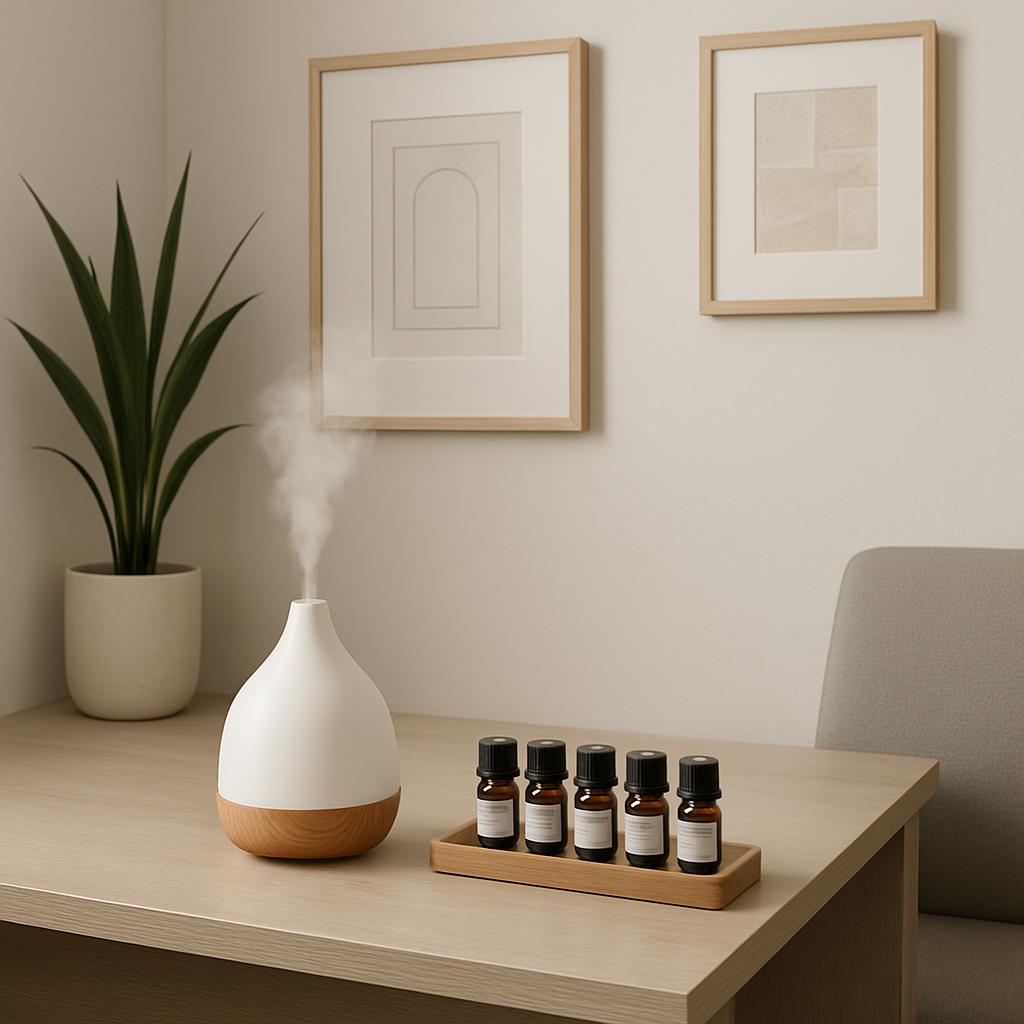 The alternative text is: An interior room with a small table amidst the corner of a corner workspace, showing a potted gre...