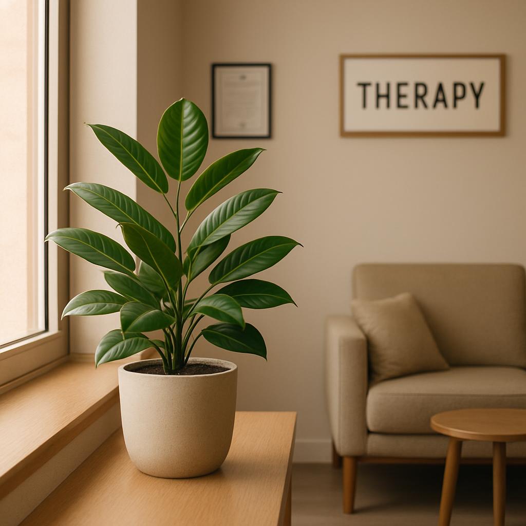 A well-lit room featuring an indoor plant, a 'THERAPY' sign on a cream wall. The room's furniture includes a couch and a s...