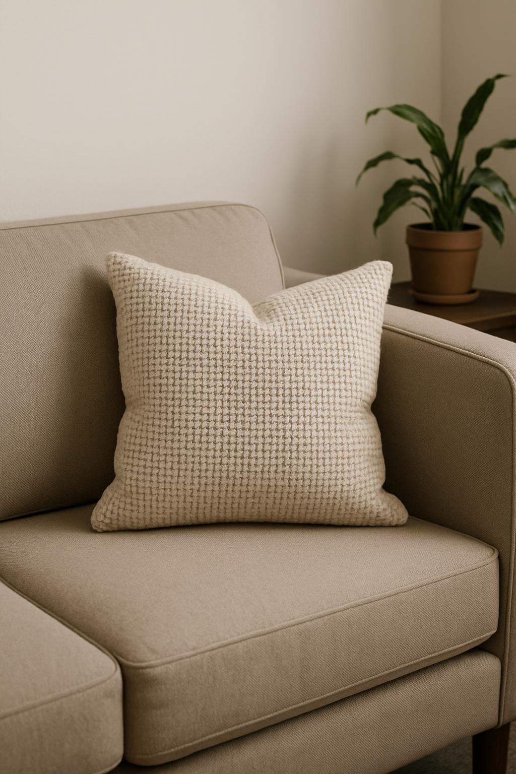 A detail shot of the corner of a tan couch with a pillow and a desk with a small potted plant in the background.